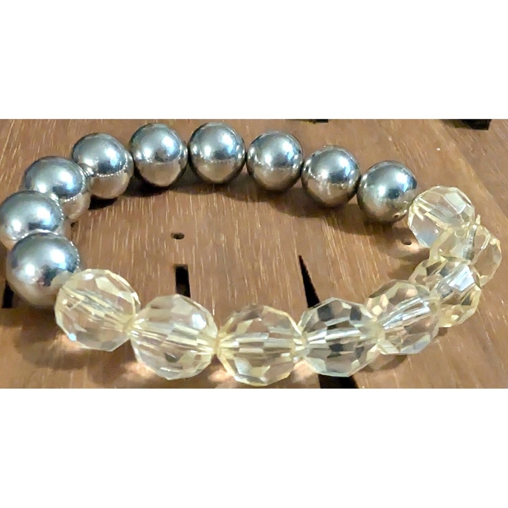 Beaded Stretch Bracelet Silver ToneMetal Clear Faceted Plastic Mixed Media Beads